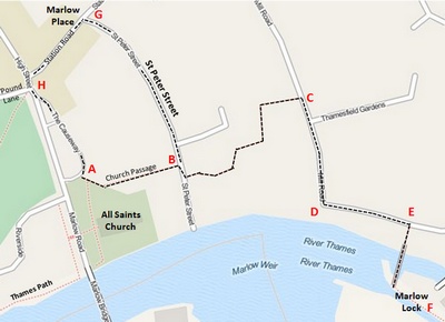 Map of route from All Saints Church to Marlow Lock